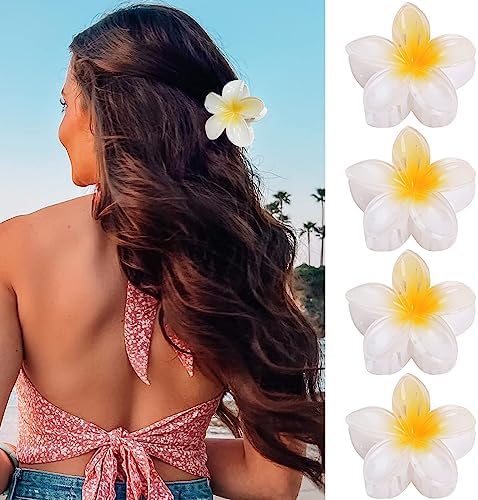 GQLV Hair Clip, 4 Count White Flower Claw Clips for Thick/Thin Hair, Strong Hold Nonslip Hair Clips, Tropical Hair Accessories for Women Girls, Hawaiian Holiday Gifts by Firstchoiceforqualitylife