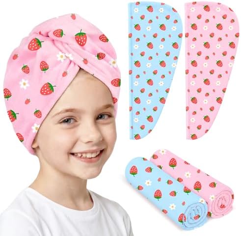 Microfiber Hair Towel Wrap for Kids Hair Drying Towel Wrap with Button 2 Pack Wet Hair Towel Wrap Head Towels Wrap for Girls by BiueLetter