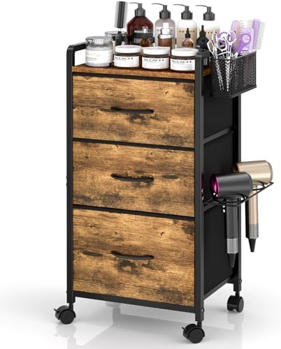 Salon Station for Hair Stylist, Rolling Salon Trolley Cart with Wheels, Beauty Barber Station with Metal Tool Holder & 3 Fabric Drawer, Mobile Storage Cabinet for Barbershop, Spa&Tattoo, Rustic Brown by DAOUTIME