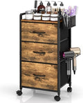Salon Station for Hair Stylist, Rolling Salon Trolley Cart with Wheels, Beauty Barber Station with Metal Tool Holder & 3 Fabric Drawer, Mobile Storage Cabinet for Barbershop, Spa&Tattoo, Rustic Brown by DAOUTIME