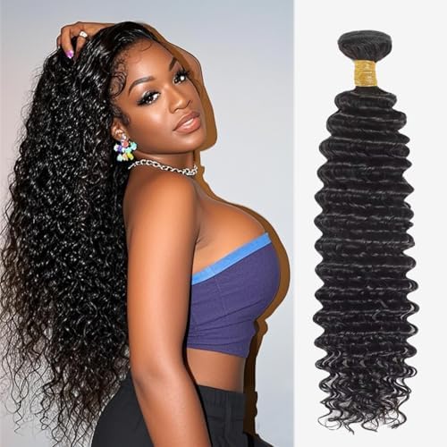 Deep Wave Human Hair Bundles 26 Inch Deep Wave Bundles 100% Unprocessed Brazilian Virgin Hair 1 Bundle Curly Hair Extensions Real Human Hair Wavy Quick Weave Natural Black by Cenglou