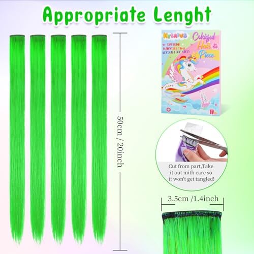 Kyerivs 24PCS Green Accessories Colored Clip in Hair Extensions for Girls 20Inch Rainbow Straight Synthetic Hairpieces for Girls Party Highlights Colorful Hair Halloween Gifts for Women Easter Gifts - Image 3