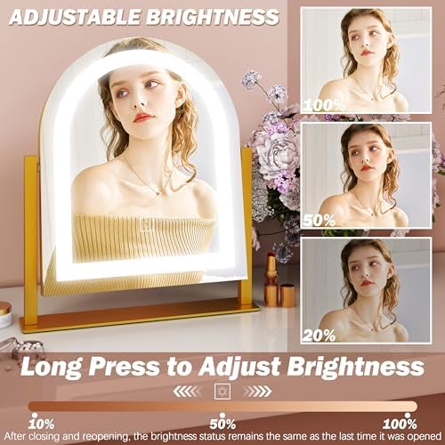 FENNIO Large Vanity Mirror with Lights - 15.5"x13" LED Lighted Makeup Mirror with Lights, 10X Magnification, Touch Screen with 3-Color Lighting, Dimmable, for Vanity Desk Tabletop, Bedroom（Gold） - Image 3