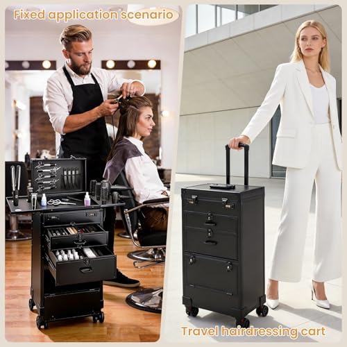 Travel Salon Cart with 4 Drawers, Hair Stylist Cart on Wheels Portable Salon Station with Aluminum Alloy Frame and Worktop Tray, Rolling Makeup Train Case Cosmetology Case - Image 2