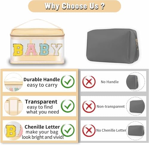 Chenille Letter Clear Makeup Bags Baby Pouch, Preppy Patch Makeup Bag Zipper with Handle, Transparent PVC & Nylon Waterproof Glitter Cosmetic Handbag Travel Toiletry Storage for Women Girl(BABY-Beige) - Image 4