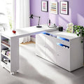 L-Shaped Manicure Table with Large Storage & LED Light (White) by HolaiNail