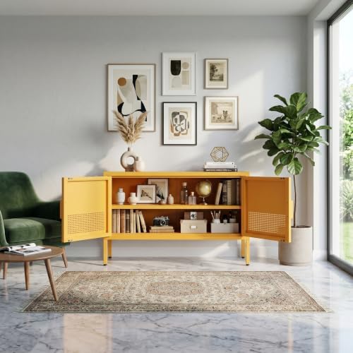 Wide Metal TV Stand with Ventilated Mesh Doors and Adjustable Shelf, Low Media Console Accent Cabinet Locker, Yellow Multifunctional 2 Door Cabinet for Living Room Bedroom Home Office - Image 6
