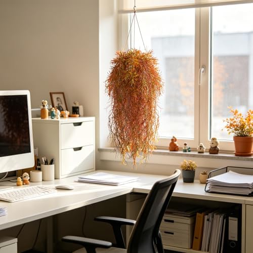 4Pcs Autumn Fake Hanging Fern Plants for Outdoors, UV Resistant Artificial Ferns Fall Vines Faux Trailing Plants for Indoor Wall Porch Home Thanksgiving Halloween Decor(4PCS Orange Ferns) - Image 7