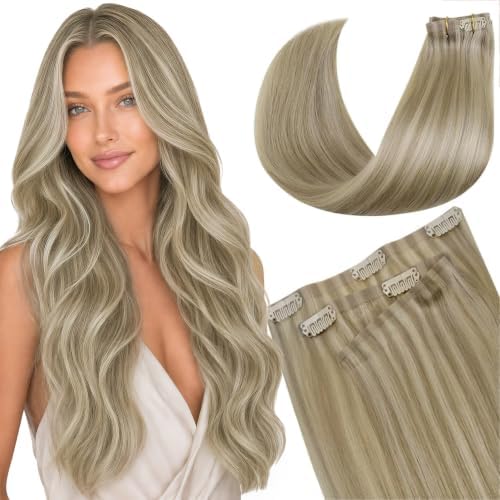 LaaVoo Seamless Hair Extensions Clip ins Blonde Highlights Clip in Human Hair Extensions Dark Ash Blonde Highlights Light Blonde Invisible Seamless Clip in Hair Extensions 18 Inch 7pcs 110g by LaaVoo