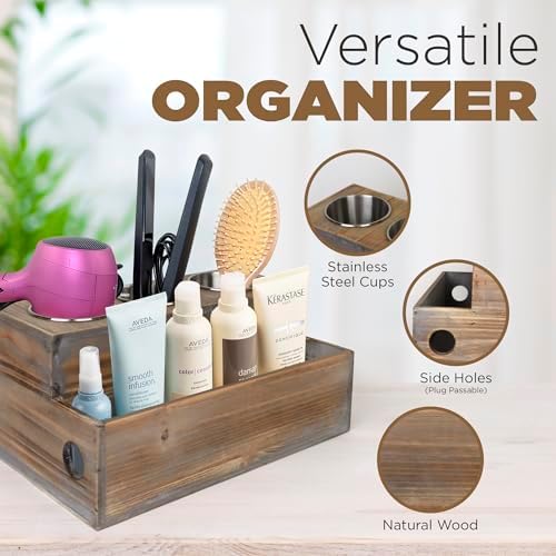 Besti Wooden Hair Dryer Holder – Hair Tools and Styling Supplies Organizer and Storage for Vanity and Bathroom - Natural Elegant Design - Multi-Functional Caddy for Accessories, Makeup, Toiletries - Image 3