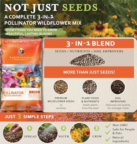 Earth Science Wildflower Pollinator Mix - 6lb, Over 56,000 Seeds, 3-in-1 Mix of Wildflower Seeds, Plant Food, & Soil Conditioners for Bees, Hummingbirds, Butterflies, Non-GMO, Up to 1,000 Sq. Ft. - Image 3