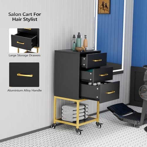 OmySalon Salon Trolley Cart with Wheels, Salon Station for Stylist, Hair Storage Cabinet with Dryer Holder & Drawer & Open Shelf, Barbershop Organizer Equipment, Black Gold - Image 4