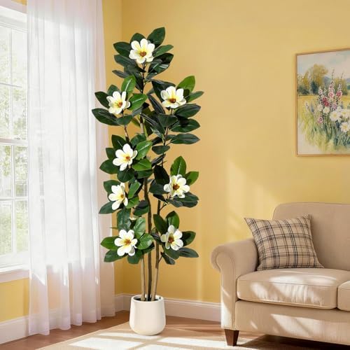 6 Inch Artificial Magnolia Tree with Pot, Faux Flower Tree with White Magnolia Blooms and Green Leaves, Potted Artificial Plant for Living Room, Bedroom, Office, Entryway, Store, Home Dector - Image 6