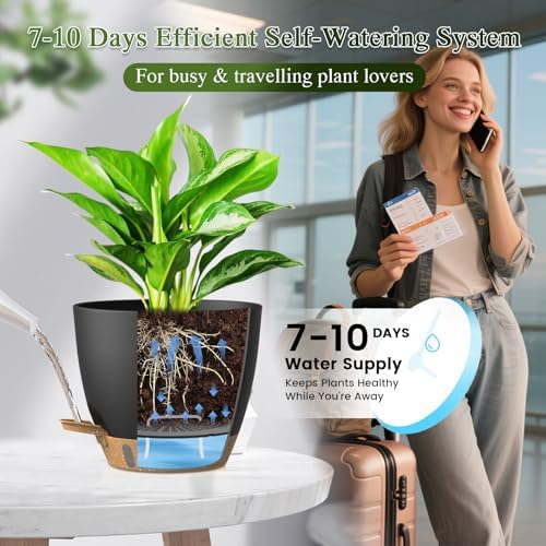 Self Watering Pots with Drainage Holes, 2 Pack 8 Inch Plant Pots with Water Level Indicator Deep Reservoir, Large Plastic Planter for Indoor Outdoor Plants - Black Brown - Image 4