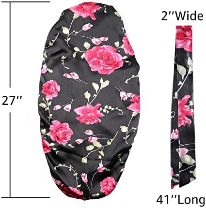 Extra Large Satin Bonnet Sleep Cap for Women, Double-Layer Silky Hair Bonnet with Tie Band for Braids/Curly/Long Hair - Black Floral - Image 2