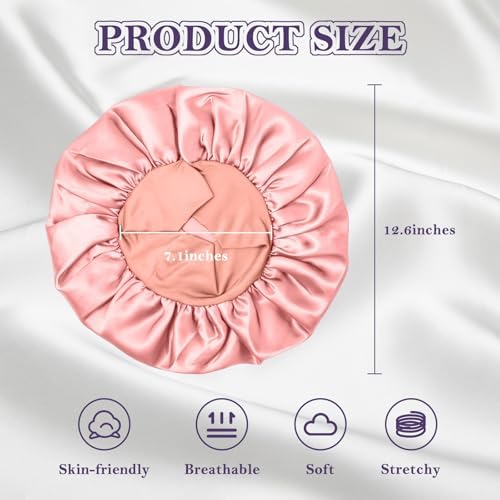 ZHENSILK 2Pcs Silk Bonnet for Sleeping, Satin Hair Bonnets, Soft Elastic Band Silk Sleep Cap, Hair Wrap for Women(Black Pink) - Image 6