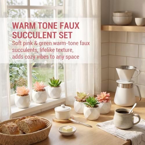 MyGift Pink & Green Artificial Succulent Plants, Ceramic Pots, Set of 6 - Image 2