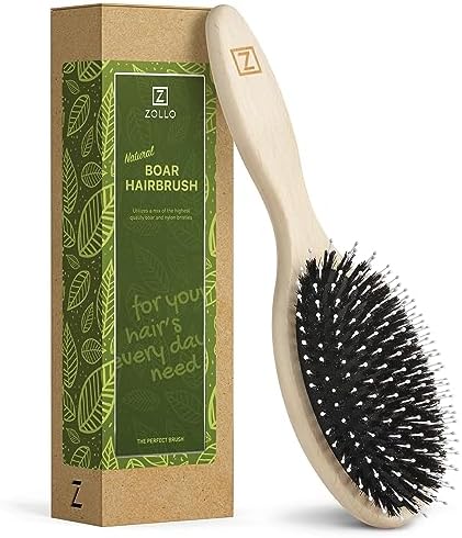 Natural Boar Bristle Hair Brush for Women, Men, Kids; Dry and Wet Detangling Hair Brush Gently Enhances Shine, Smooths Frizz and Prevents Breakage in Fine and Straight, Thick and Curly Hair (oval) by Zollo