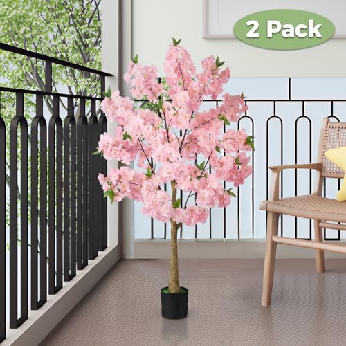 2 Pack Pink Artificial Cherry Blossom Tree, 4FT Faux Sakura Flowers Decor - Image 3