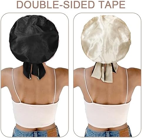 CHLINS Satin Bonnet Silk Sleep Cap Hair Bonnets for Women Stretchy Tie Band Hair Cap for Curly Hair Silk Hair Wrap(Champagne+Black) - Image 4