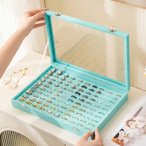 Frebeauty 100 Slots Ring Organizer Tray,Velvet Ring Box with Clear Lid - Image 2
