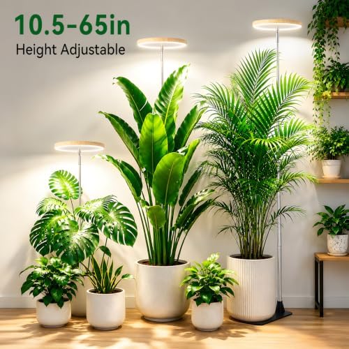 LBW Grow Lights for Indoor Plants, 80 LEDs Full Spectrum Disc Plant light with base, 2-IN-1 Base & Stake Grow Lamp, 65" Height Adjustable, 6/8/12/16H Auto Timer, 5 Dimming Levels, Bamboo Grain, 3 Pack - Image 3
