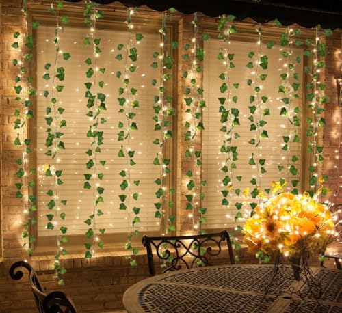 RECUTMS Fake Wall Curtain Ivy Vines with String Lights for Room Decor 98Ft - Image 5