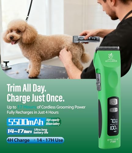 Professional Dog Grooming Clippers with 17H Runtime & Replaceable 440C Blade, 5-Speed Low Noise Electric Dog Shaver for Thick, Matted, Curly Hair, Cordless Clipper for Groomer & Home Use, Green - Image 2