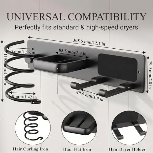 Hair Dryer Holder Wall Mounted, 3 in 1 Metal Hair Tool Organizer - Image 5