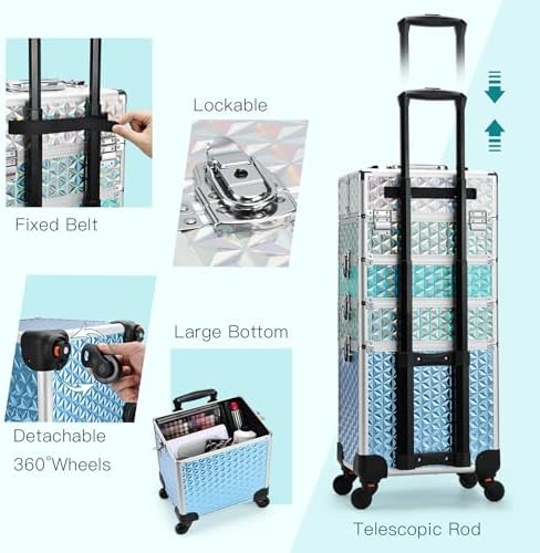 Professional Rolling Makeup Train Case 4 in 1 Aluminum Trolley Case with 360° Rotation Wheels for Makuep Artist Cosmetic Suitcase Organizer with Lock and Key Diamond Pattern - Turquoise - Image 5