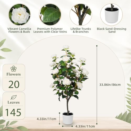 2 Pack 34'' Artificial Camellia Tree with 20 White Flowers - Image 4