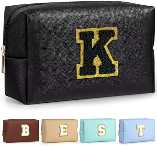 TOPEAST Initial Cosmetic Bag, PU Leather Waterproof Travel Toiletry Bag, Monogrammed Gifts for Women, Personalized Birthday Gift for Sister Friends, Cute Stuff for Girls (Black K) by TOPEAST
