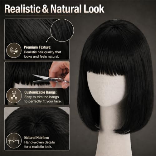 Short Black Bob Wig with Bangs for Women - Image 3