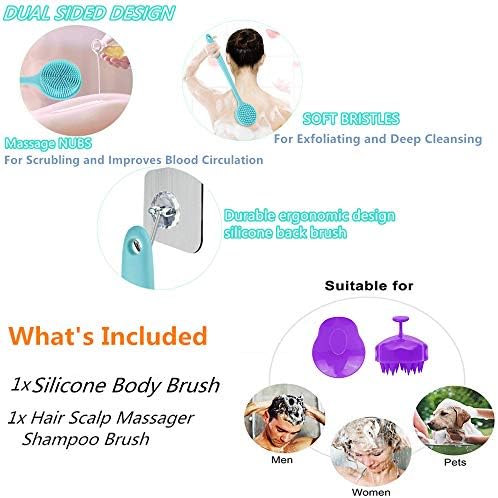 Silicone Body Scrubber & Scalp Massager, Long Handle Shower Brush, Exfoliating Scrubber for Men, Women & Kids - Image 2