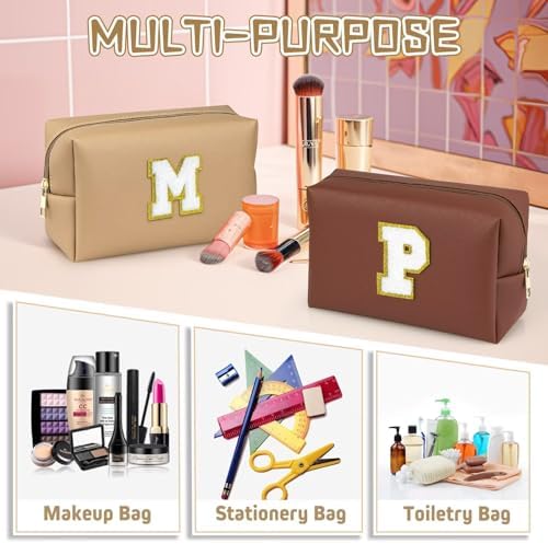 TOPEAST Personalized Birthday Gifts for Women, Preppy Patch Makeup Bag, Chenille Letter Pouch Cosmetic Bag, Travel Organizer, Gifts for Friends, Cute Stuff for Women (Khaki L) - Image 5
