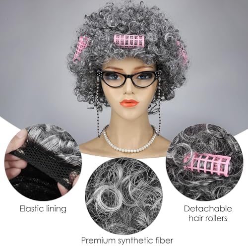 AOTHSO 6 Pieces Old Lady Wig Costume Set Grandma Wig with Cap Cane Pearl Necklace Bracelet for 100 Days of School Halloween - Image 3