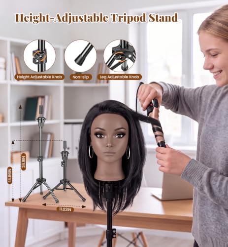 20" Human Hair Makeup Mannequin Head with Tripod Stand for Hair Styling - Image 5