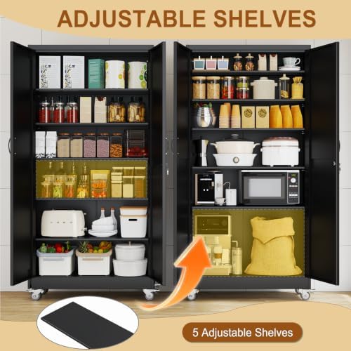 74" Metal Garage Storage Locker Cabinet with Wheels,Rolling Black Lockable Tool Cabinet with 2 Doors and 5 Adjustable Shelves, Steel Office File Cabinet for Home Office Warehouse Gym - Image 5