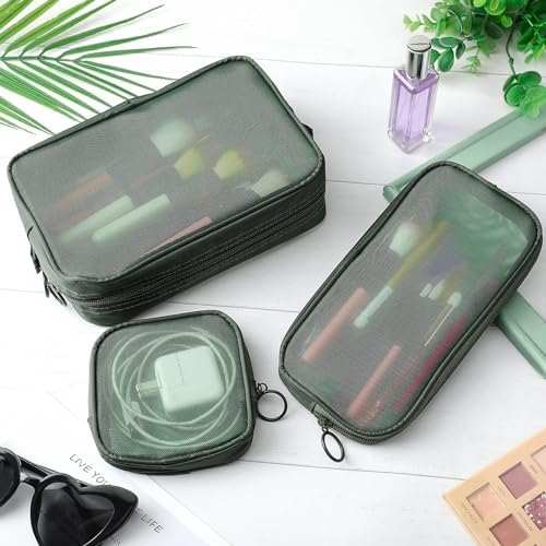 Weewooday 4Pcs Mesh Makeup Bag, Olive Green, Small, Large, Medium, Classic - Image 5