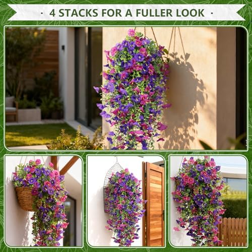 Fake Hanging Plants, Faux Hanging Plant Artificial Greenery for Living Room Bedroom Boho Wall Shelf Indoor Outdoor Decor (4-Pack, Purple Pink Morning Glory) - Image 5