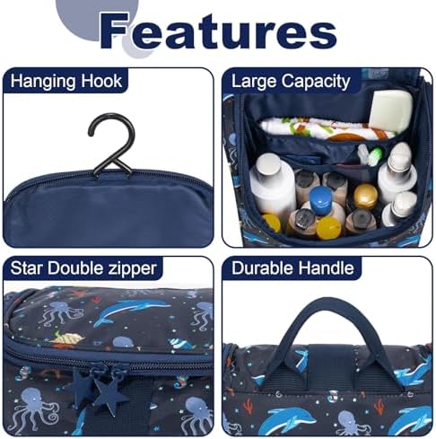 Remobia Hicol Cute Cartoon Hanging Kids Toiletry Bag Children Travel Cosmetic Makeup Organizer Wash Bag Shower bag Over Night Bag Camping Shaving Kit Bag for Boys & Girls (Sea World) - Image 4