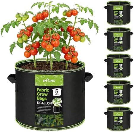 BN-LINK 5-Pack 5 Gallon Grow Bags, Heavy Duty Aeration Fabric Pots with Handles, Thickened Nonwoven Plant Bags for Vegetables, Flowers, Fruits by BN-LINK