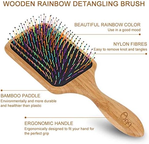 BLACK EGG Paddle Detangling Hair Brush for Women Girls, Rainbow Nylon Brush for Thick Thin Curly Hair, Includes Wooden Detangler Comb and 3 Hair Ties, Valentine’s Day Gift - Image 3