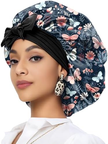 Satin Hair Braid Bonnet for Sleeping Double Layer Elastic Wide Soft Tie Band Hair Silk Lined Sleep Cap Women Girls by Deokke