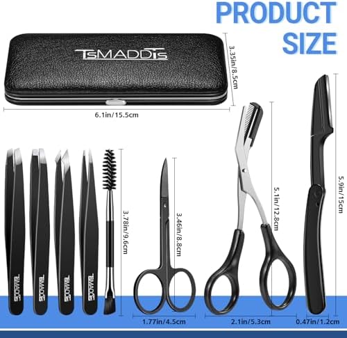 TsMADDTs Tweezers Set, 8 in 1 Eyebrow Trimmer Scissors, Tweezers for Women Facial Hair, Razor, Brush with Travel Bag, Tweezers Set for Women and Men, Professional Shaping Grooming Kit - Image 2