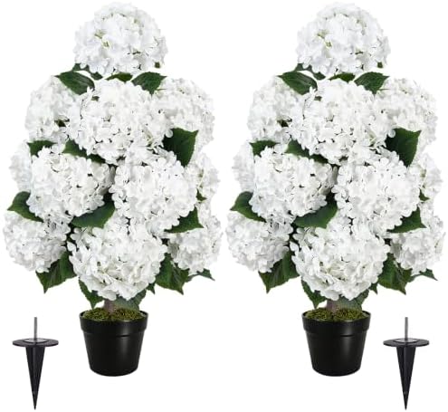 2 Pcs 38" Artificial Hydrangea Tree for Outdoor， with Pot & Spike by MHMJON