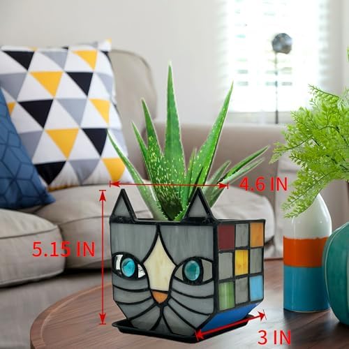 Unique Stained Glass Gray Cat Planter, Plant Pots Indoor,Indoor Flower Pots with Drainage,Window Sill Cat Decoration Gift,4.6x5.15x3IN - Image 6