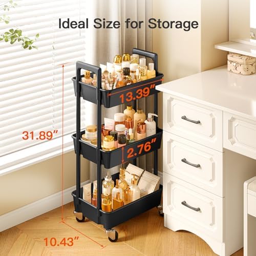 Pipishell 3 Tier Rolling Cart with Handle & Wheels for Storage, Black - Image 4