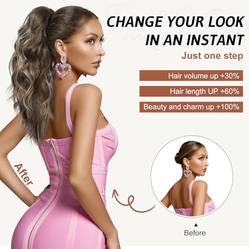 Flufymooz Ponytail Extension, 18 Inch Claw Clip Ponytail Extension, Wavy Curly Claw Clip in Ponytail Hair, Natural Fake Ponytail Synthetic Hairpiece for Women (Dark Ash Blonde with Highlights) - Image 5