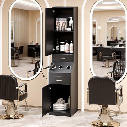 OmySalon Salon Station, Barber Stations with 2-Tier Storage Shelf with Door, Hair Styling Storage Cabinet with 2 Drawer, a Large Storage Cabinet & 3 Hot Tool Holders, Black - Image 2